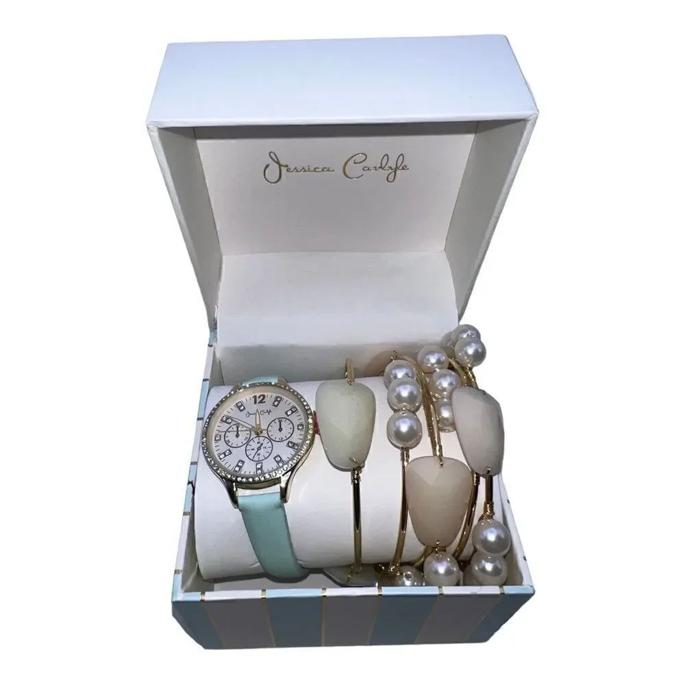 Jessica Carlyle White Gold-Tone Blue Strap Analog Watch & Bracelets New